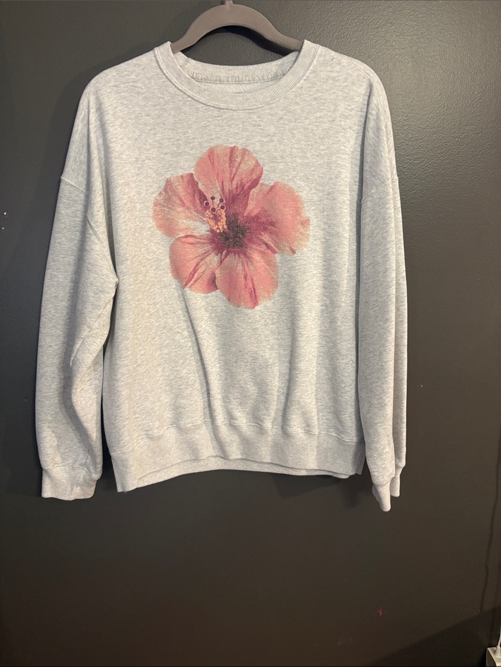 Hollister Light Gray Crewneck Sweatshirt with Pink Hibiscus